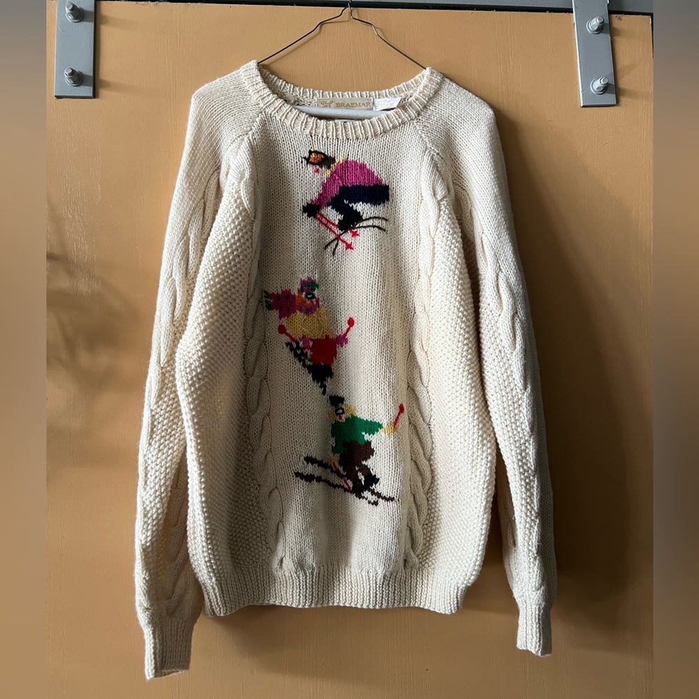 Braemar Vintage 80’s 90’s Handknit Cable Knit Wool Ski Chalet Sweater L PERFECT